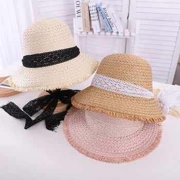Uus Suvine Lihtne Mood Õled Mütsid Naistele Lai Nokk Müts Valge Pitsiline Pael Pits-Up Beach Mütsid Vanema-Lapse Anti-UV Päikese Müts