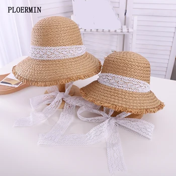 Uus Suvine Lihtne Mood Õled Mütsid Naistele Lai Nokk Müts Valge Pitsiline Pael Pits-Up Beach Mütsid Vanema-Lapse Anti-UV Päikese Müts