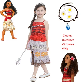 Uus Suvine Moana Tüdrukute Kleit Vaiana Printsess Kleidid, Lapsed Poole Cosplay Kostüümid koos Parukas Laste Riiete komplekt tüdruku Riideid