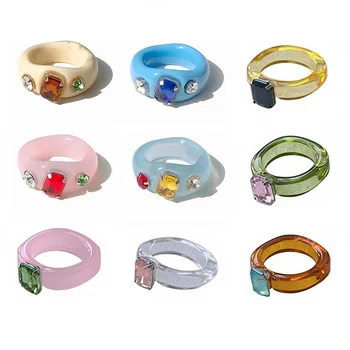 Uus Värviline Kristall sõrmustes Läbipaistev Vaik Akrüül Geomeetriline Ruut, Ring, Rõngad Komplekt Naistele Tüdruk Ehted Reisi Kingitused