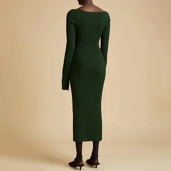 VGH Slim Must Kootud Kleit Naistele Square Krae Pikk Varrukas Kõrge Vöökoht Tagasi Split Seksikas Naiste Kleidid Moe Uus 2020. aasta Sügisel