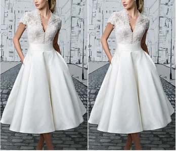 Valge lihtne Pits V-kaeluse jaoks Keskpikas ja pikas jagu Ametlik pool kleit Elegantne retro Rüü de iltamat 2021 Uus kleit