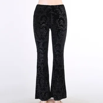Viifaa Vintage Õie Velvet Skinny Flare Püksid Sügis-Talv Streetwear Naiste Kõrge Vöökoht Elegantne Must Slim Püksid