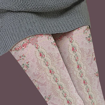 Vintage 80D Magus Naiste Sukkpüksid Trükitud Samet, Pits Prindi Tõusis Tüdrukud Lolita Jaapani Anti-konks Põlvikud, Sukkpüksid
