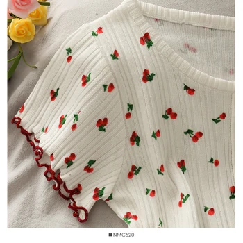 Vintage Armas Kirss Trükitud Lühikese Varrukaga T-Särgid Naistele O Kaela Nuppu Streetwear Slim Kintting Pullover Naine Tops