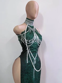 Vintage Cheongsam 3D Print Roheline Beaded Varrukateta Split Pikk Kleit Seksikas Ööklubi Laulja Staadiumis täitmiseks Kostüüm Etapp Kanda