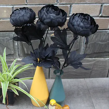 Vintage Elegantne Must Kunstlik Ühe Pojeng Filiaalid Võltsitud Lilled Plastikust Pulm Kimp Kodu Poole Teenetemärgi 91799