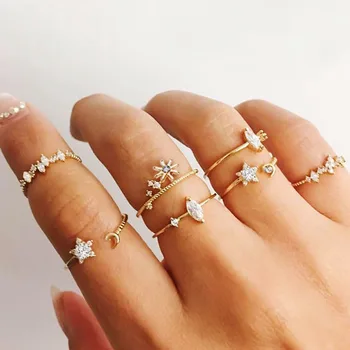 Vintage Gold Crystal Ring Määratud Bohemian Geomeetriline Kuu Star Rõngad, Naised, Tüdrukud Fashion Pool Sõrme Sõrmus Pulm Ehted Kingitus 163894