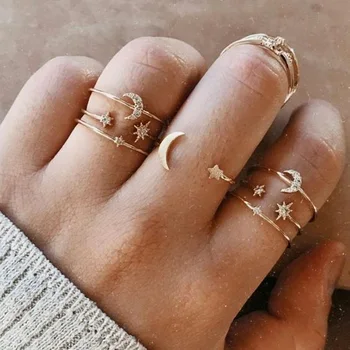 Vintage Gold Crystal Ring Määratud Bohemian Geomeetriline Kuu Star Rõngad, Naised, Tüdrukud Fashion Pool Sõrme Sõrmus Pulm Ehted Kingitus