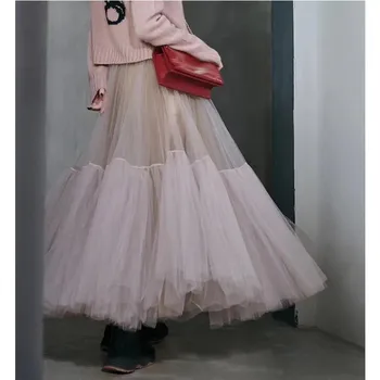 Vintage Roosa Plisseeritud Pikk Tülli Seelik Tutu Femme Kõrge Waisted Raja Pehme Võre Seelikud korea Naised 2021 Kevadel Uusi Jupe harajuku