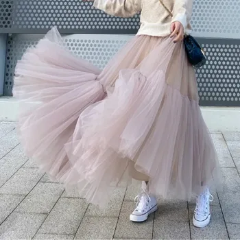 Vintage Roosa Plisseeritud Pikk Tülli Seelik Tutu Femme Kõrge Waisted Raja Pehme Võre Seelikud korea Naised 2021 Kevadel Uusi Jupe harajuku