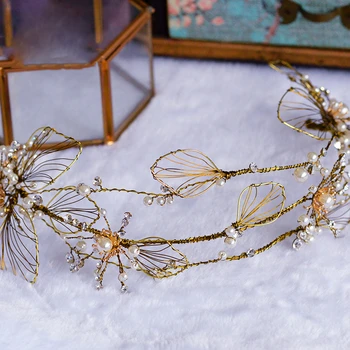 Vintage Tiara Gold Leaf Crown Käsitsi Valmistatud Pärl Peapael Rhinestone Hairband Lill Pulmad Pruudi Juuksed Ehted 73819