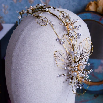 Vintage Tiara Gold Leaf Crown Käsitsi Valmistatud Pärl Peapael Rhinestone Hairband Lill Pulmad Pruudi Juuksed Ehted