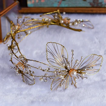 Vintage Tiara Gold Leaf Crown Käsitsi Valmistatud Pärl Peapael Rhinestone Hairband Lill Pulmad Pruudi Juuksed Ehted
