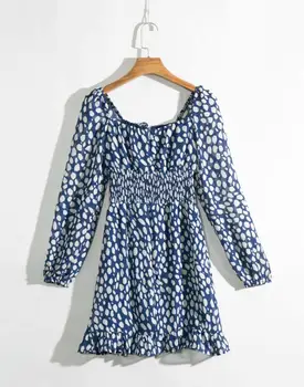 Vintage-moe uus kleit naiste square krae super stiilne tumesinine pikkade varrukatega elastne vöökoht vooder mini kleit 65249