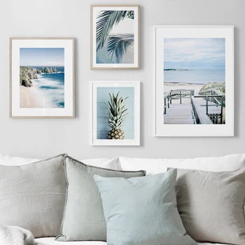 Wall Art Lõuend Värvimine Sinine Tropical Beach Ananassi Jar Kookospähkli Puu Põhjamaade Plakatid ja Pildid elutuba Pildid 45475
