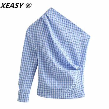 XEASY Naiste 2021 Mood Plisseeritud Asümmeetria Vaadata Pluusid Vintage Ühe Õla Tagasi-Nupp-Up Naiste Särgid Blusas Stiilne Tops