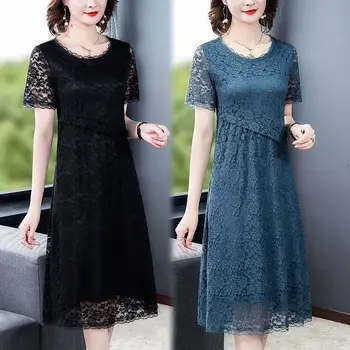 Xia Da naiste lühikesed varrukad kõrge hinne pits kleit 2021 uus rasva mm keskmise pikkusega seelik