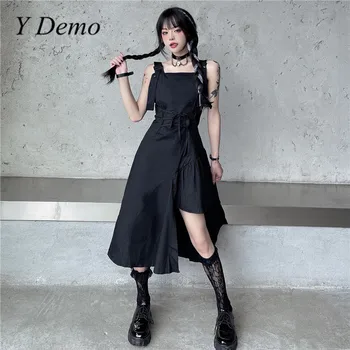 Y Demo Harajuku Techwear Naiste Varrukateta Square Krae Kõrge Vöökoht Lace Up Ebaregulaarne Kleit Ruffles Naiste Suve