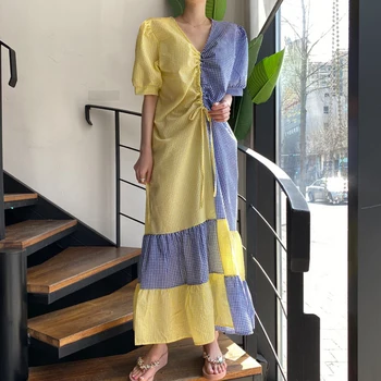 YAMDI ruuduline segast lahti suvel lühikesed varrukad midi kleit naiste 2020. aasta uus korea elegantne vintage isiku naine, kleidid, on-line kleit 14893