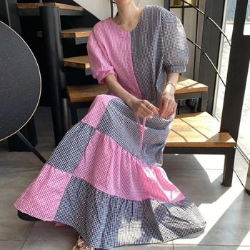 YAMDI ruuduline segast lahti suvel lühikesed varrukad midi kleit naiste 2020. aasta uus korea elegantne vintage isiku naine, kleidid, on-line kleit