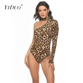 YiDuo Mood Loomade Madu Prindi Naiste Klubi Partei Bodysuit Pikad Varrukad Choker Päitsed, Ühe Õla Sobib Seksikas Leopard Bodysuits