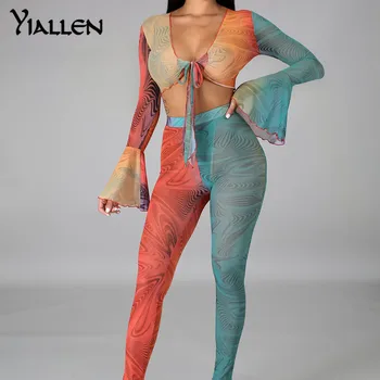Yiallen Suvel Streetwear 2 Kahe Töö Seab Naiste Bodycon Print V Kaela Varustus Põletatud Varrukad Sidemega Crop Top Silmadega Naine Komplekti