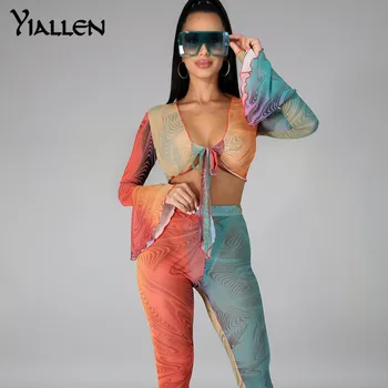 Yiallen Suvel Streetwear 2 Kahe Töö Seab Naiste Bodycon Print V Kaela Varustus Põletatud Varrukad Sidemega Crop Top Silmadega Naine Komplekti