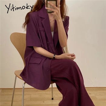 Yitimoky 2-Osaline Komplekt, Naiste Bleiser Pant Sobib Elegants Lühikesed Varrukad Karavan Office Lady Tööd Jope Suvel 2021 Korea Fashion