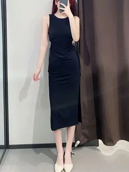 ZA 2021 daamid kevadel uus kõik-mängu fashion must, seest õõnes slim keskmise pikkusega kleit