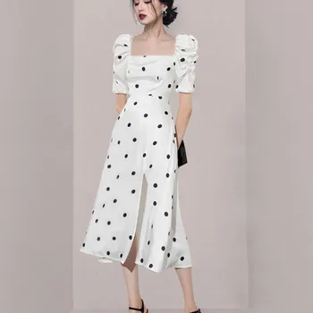 ZAWFL Naiste Suvine Kleit 2021 Vintage Fashion Square Krae Ruffle Seksikas Kleidid Polka Dot Print Split Midi Valge Kleit Vestidos