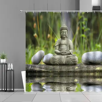 Zen Buda Maastiku Kujundusest Dušš Kardinad, Lilled, Taimed Lotus Roheline Bambus Zens Kivi Maastik, Vann, Kardinad Spa Rippuvad Riie