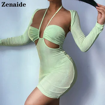 Zenaide Päitsed Kaela Õõnes Välja Mini Kleit 2021 Suvel Naiste Sexy Silmkoelised Backless Elegantne Bodycon Pool Kleit Beach Club 25926