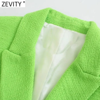 Zevity Naiste Vintage Topelt Karavan Täkiline Krae Roheline Tweed Lühike Bleiser Naiste Mantel Lühikesed Varrukad Ülerõivad Stiilne Tops CT724