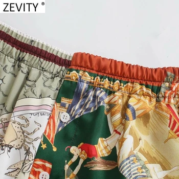 Zevity Naiste Vintage Totem Kett Segast Prindi Suvel Lühikesed Püksid Daamid Streetwear Stiilne Elastne Vöökoht Satiin Pantalone Cortos P1000