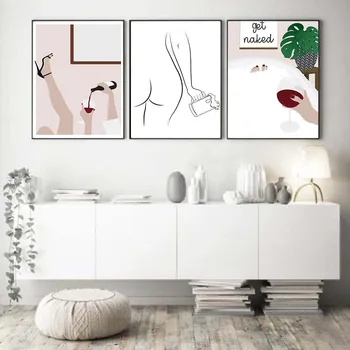 Õlu Naine, Single Line Art Print Lõuend Maali Poster Punane Vein Naine, Vann Mullid Vannitoa Seina Art Pilt Home Decor