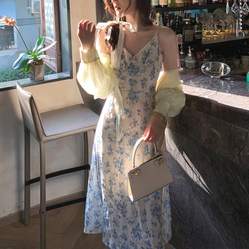 Ühes Tükis Kleit Korea Elegantne Õie Kleidid Naiste Vabaaja Lühikesed Varrukad Vintage Midi Kleidid Asukoht Daamid Disain 2021 Suve