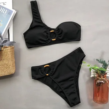 Üks Õlg Bikiinid Naiste Ujumistrikoo Kõrge Vöökoht Supelrõivad Seksikas Rõngad Biquini Must Soonikkoes Beachwear 2021 Brazilian Bikinis