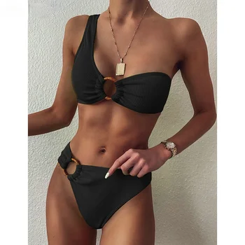 Üks Õlg Bikiinid Naiste Ujumistrikoo Kõrge Vöökoht Supelrõivad Seksikas Rõngad Biquini Must Soonikkoes Beachwear 2021 Brazilian Bikinis