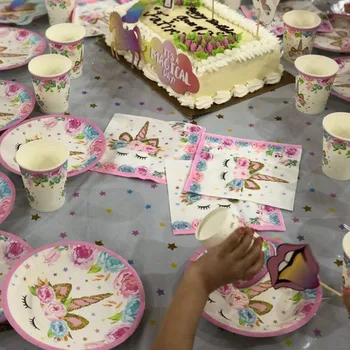 Ükssarvik Teenetemärgi Sünnipäeva Decor Lapsed Ükssarvik Ühekordsed Nõud komplekt Baby Shower Tüdruk Sünnipäeva Tarvikud