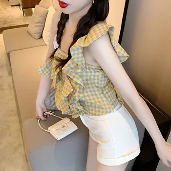 ühe õla seksikas ruuduline särk naiste suvine varrukateta ruffles pluus jaapani mori tüdruk tops 2021 uus